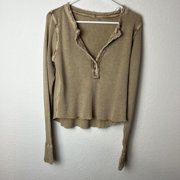Free People FP One Shirt Womens Large Thermal Waffle Knit Henley Long Sleeve - Picture 1 of 6
